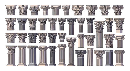 Obraz premium Collection of various ancient greek and roman architectural columns with different capitals and fluting styles shown in a set.