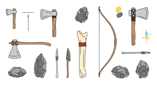 Collection of prehistoric tools and weapons featuring stone axes, spears, a wooden bow, arrowheads, and carved bones from the stone age era.