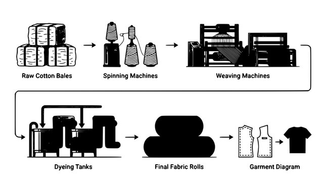 Textile manufacturing industry flow chart infographic vector showing steps from raw cotton bales to finished apparel product silhouettes