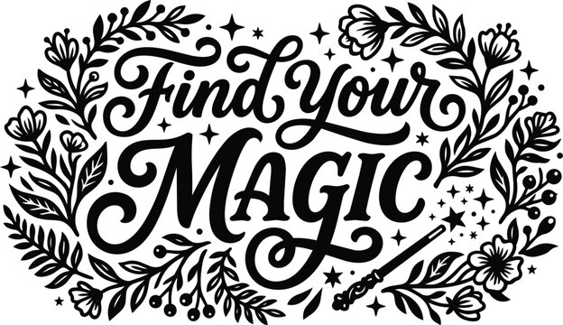 Find your magic floral lettering with wand design in black and white