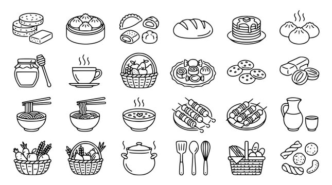 Large collection of traditional Asian food line icons featuring dim sum ramen dumplings tea and soup vector illustrations