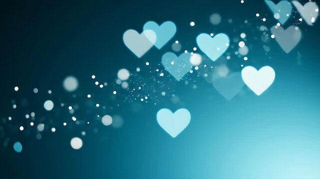 Abstract Teal Background Featuring Soft Glowing Hearts and Sparkling Bokeh Light Effects for Romantic Celebrations and Digital Design Projects
