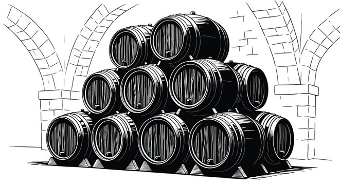 Stacked Wine Barrels In A Cellar Black And White Silhouette