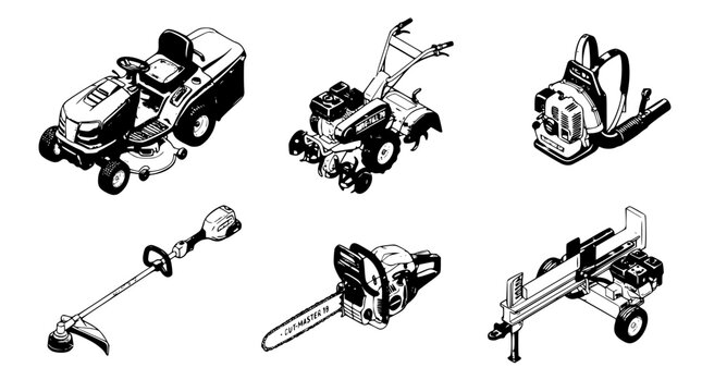 Isometric garden power tools vector set including riding lawn mower chainsaw leaf blower and line trimmer isolated on white