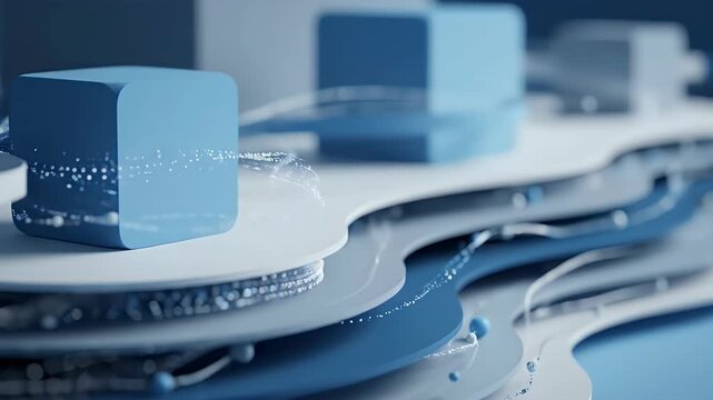 Abstract Three Dimensional Data Visualization Concept Featuring Geometric Blue Cubes and Flowing Digital Network Streams on Layered Surfaces