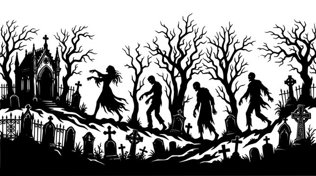 Halloween graveyard scene with scary zombie silhouettes walking among tombstones crypt and dead trees isolated on white background vector