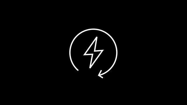 Minimal white lightning bolt with a circular arrow animation. High energy loop, fast charging icon, power refresh, and electronic sustainability concept.