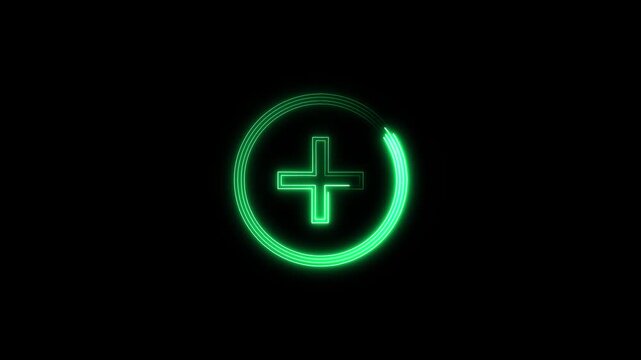 Glowing green neon plus sign inside a circular frame animation loop. Creative add button, medical cross icon, positive growth, and hospital UI element.