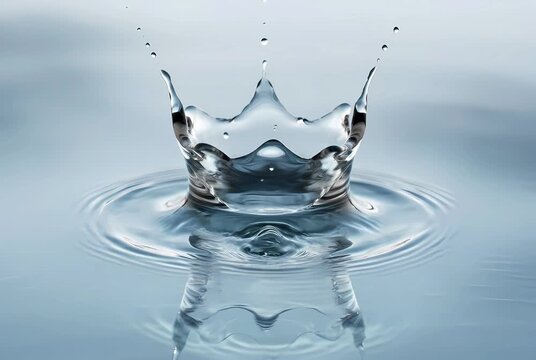 Macro shot of a water droplet splash forming a crown shape on a calm blue liquid surface