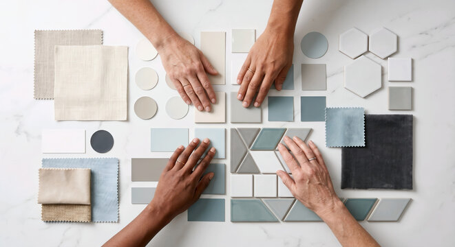 Diverse Hands Arranging Interior Design Mood Board with Fabric Swatches Tiles and Color Samples on Marble Table Top View Home Renovation Material Selection Flatlay Design Studio Editorial Photography