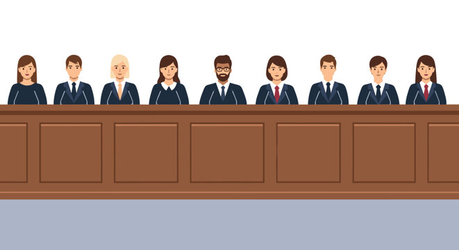 Diverse group of people in professional attire sitting behind a long wooden desk representing a jury or a corporate board.