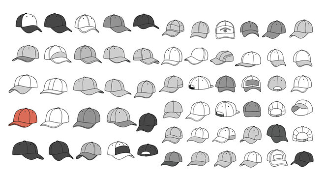 Large collection of various baseball cap designs in different shades of grey, white, and black with one standout red cap.