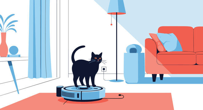 Creative flat vector illustration of a black cat standing on top of a blue robot vacuum cleaner in a modern living room setting.