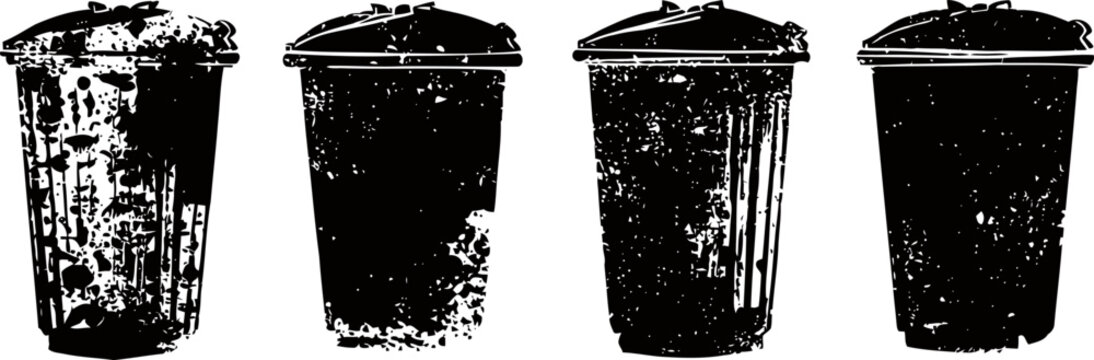 Four different trash bins with textured surfaces isolated on white background container waste sorting recycling