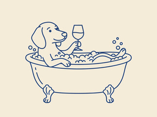 Naklejka premium Whimsical Dog in Bathtub Illustration - Cute Golden Retriever Relaxing with Wine Glass and Bubbles in Clawfoot Tub, Minimalist Line Art Vector for Pet Spa, Wellness