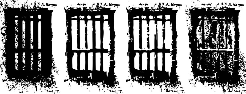 Grunge black prison bars silhouettes with distressed texture on white background