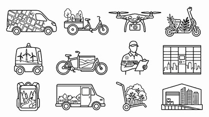 Obraz premium Eco friendly logistics and sustainable delivery icons set in thin line style.