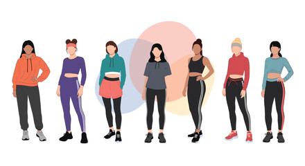 Obraz premium Diverse group of women standing together wearing different styles of colorful athletic wear, yoga pants, and sporty hoodies.