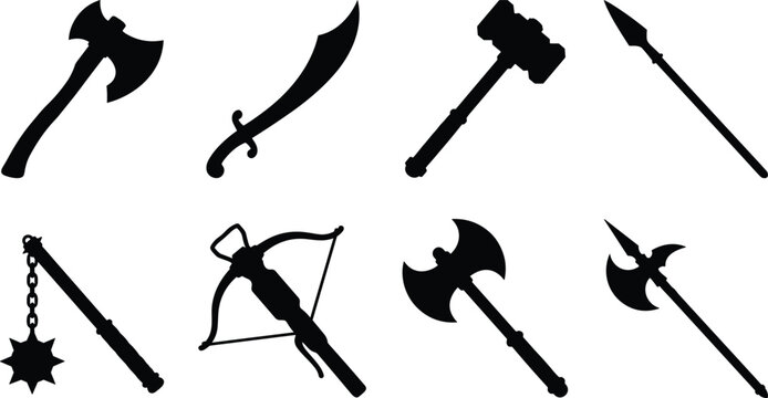 Collection of medieval weapon silhouettes including swords axes hammers crossbows and spears for historical game design