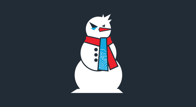 Illustration of a grumpy snowman character wearing a red scarf with a blue circuit board pattern on a dark background.