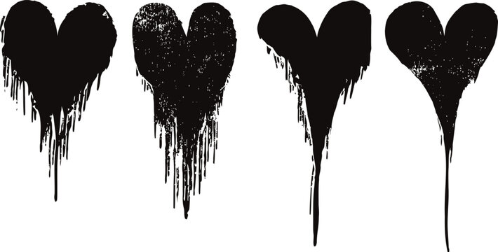Dripping black hearts silhouette set grunge paint splash ink drops spreading shape design collection