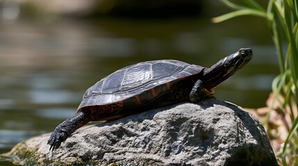Fototapeta premium A gentle turtle peacefully basks on a sunlit rock during a warm serene day