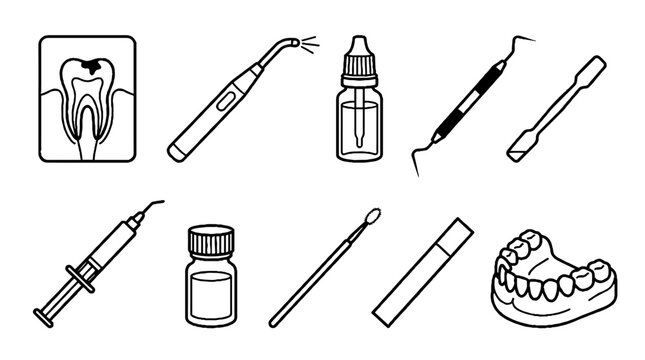 Dental Care Equipment and Stomatology Tools Icon Set in Line Art Style.
