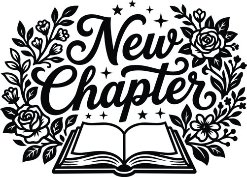 Floral open book with new chapter design vector monochrome illustration line art