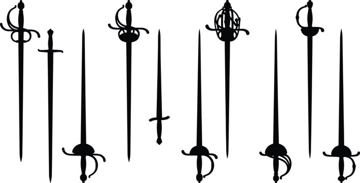 Collection of vintage sword and rapier silhouettes isolated on a white background for design projects