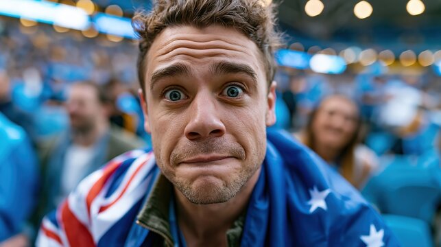 Australian football fan wrapped in national flag at stadium