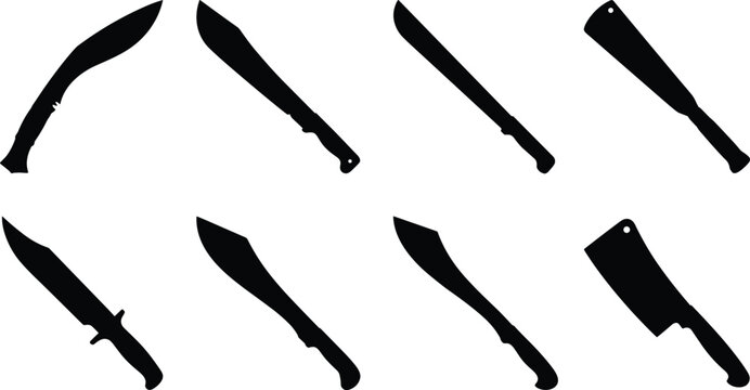 Collection of various machete and cleaver silhouettes for survival, gardening, camping, and culinary design projects