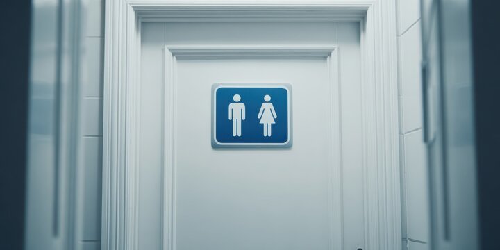 WC sign. White Restroom Sign Mockup for Public male and female facilities Facilities. Toilet icon man and woman figures. White door, tile wall. Washroom. Water closet Guidance symbol in office, hotel