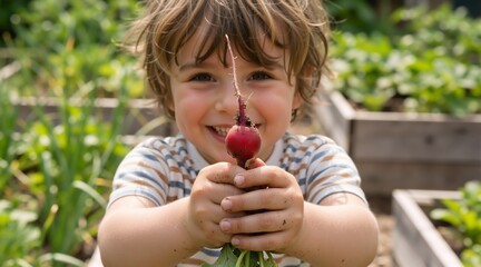 Fototapeta premium Smiling young boy holding a fresh red radish in a garden. Child showing his harvest from a raised bed. Healthy snacks and home gardening concept