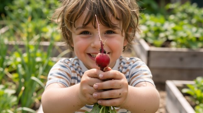 Smiling young boy holding a fresh red radish in a garden. Child showing his harvest from a raised bed. Healthy snacks and home gardening concept
