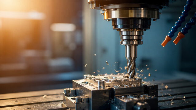 Close-up of a high-precision cnc milling machine cutting through a metal component..