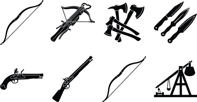 Collection of vintage weaponry and medieval battle tools isolated icons on a white background