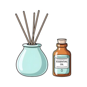 Illustration of a calming home aromatherapy set, depicting a stylish reed diffuser with wooden sticks and a complementary essential oil bottle for fragrance and relaxation