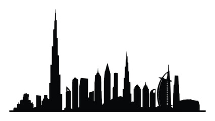 Dubai skyline features iconic architectural landmarks and skyscrapers silhouetted against a plain white background. © Sadee Girl