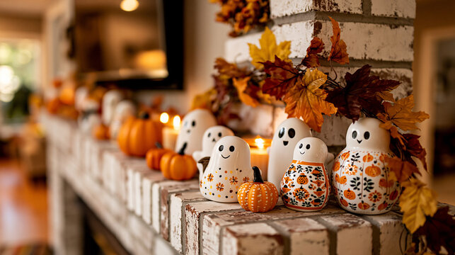 Halloween Mantel Ghost Figurines Pumpkins Autumn Leaves