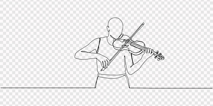 Continuous one line of a violinist playing passionately, representing music and emotion, drawn vector illustration, Continuous one line drawing of a male violinist playing music, One continuous line 