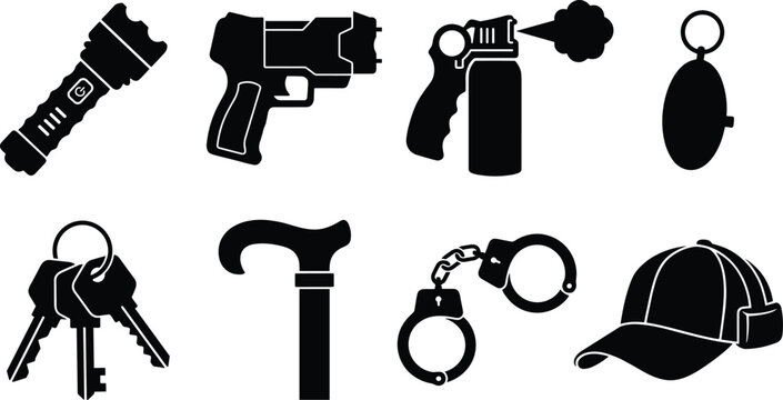 Set of black silhouette icons representing security equipment, self defense tools, and personal safety accessories