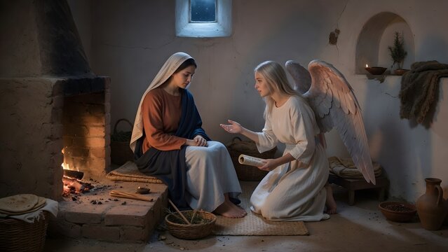 Subject: the Virgin Mary and a peaceful angel sharing a sacred encounter beside a quiet hearth at night, Mary seated with composed humility while the angel offers a calm message, Environment: modest a