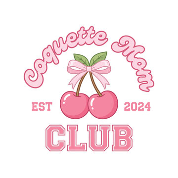 Coquette mom club logo with pink cherries and bow on white background