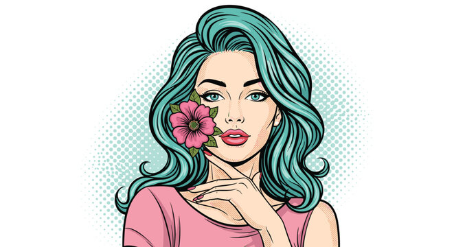 Vibrant pop art portrait of a woman with long blue hair and a pink flower tucked behind her ear in a comic book style.