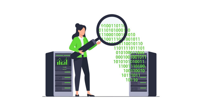 Flat Illustration of a Female Data Analyst Inspecting Binary Code with a Magnifying Glass in a Server Room - Big Data Audit and Cybersecurity Concept