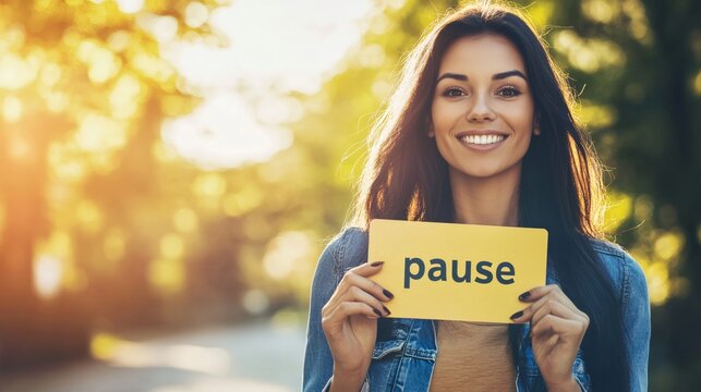 Smiling woman is holding a yellow sign with the word pause promoting stress relief, time management, and the importance of taking breaks for mental well being in a sunny outdoor setting
