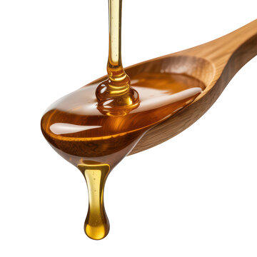 Golden liquid honey pouring from a wooden spoon, capturing the viscous texture and amber color, isolated on a solid black background