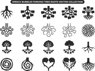 Fototapeta premium Speech Bubbles Forming Tree Roots Vector Collection: Communication and Connectivity Network Infographic Icons