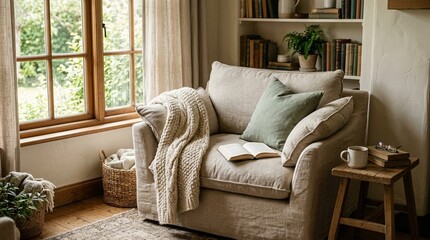 Fototapeta premium Oversized Linen Reading Chair Blanket Draped Over Arm Cosy Lifestyle Interior