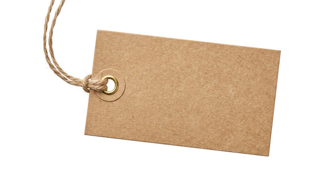 Blank brown cardboard paper hang tag with rustic twine string attached isolated on transparent background.
